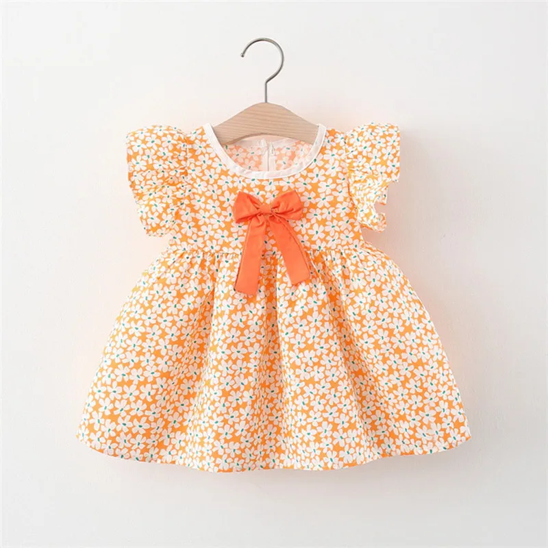 Bebé Dress Vestimento Verão Floral Bow Princesa Roupas Redondo Pescoço Voos Manga Bonito Crianças 210515