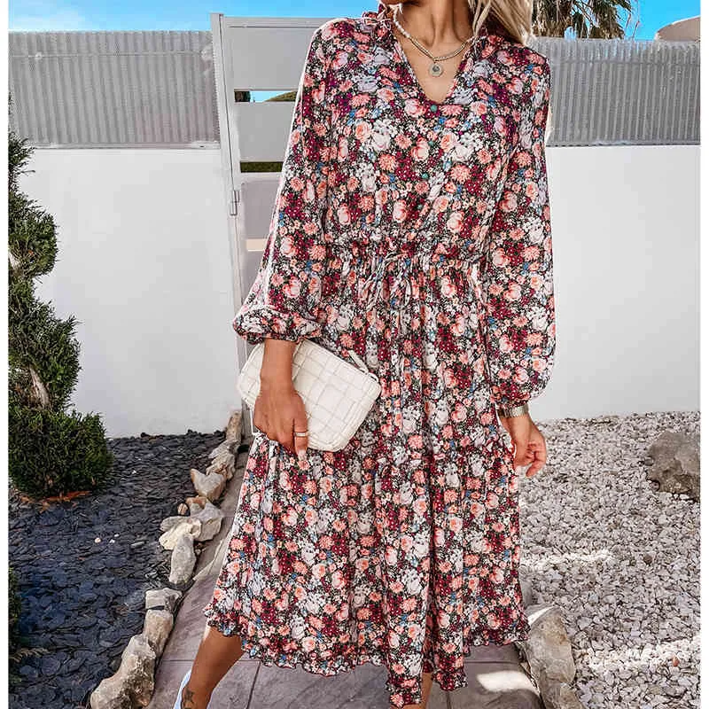 2021 primavera e l'estate delle donne nuova stampa digitale piccolo vestito di media lunghezza in pizzo fresco e dolce sexy scollo a V floreale vestito casuale dalla spiaggia X0521