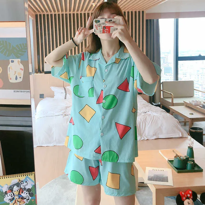 Summer Pajamas Sinchan dla Kobiet Piżamy Piżamy Piżamy Bawełniane Piżamy Kobiety Pijamas Krótki zestaw Rękaw Homewar Pajamas Sinchan 210622