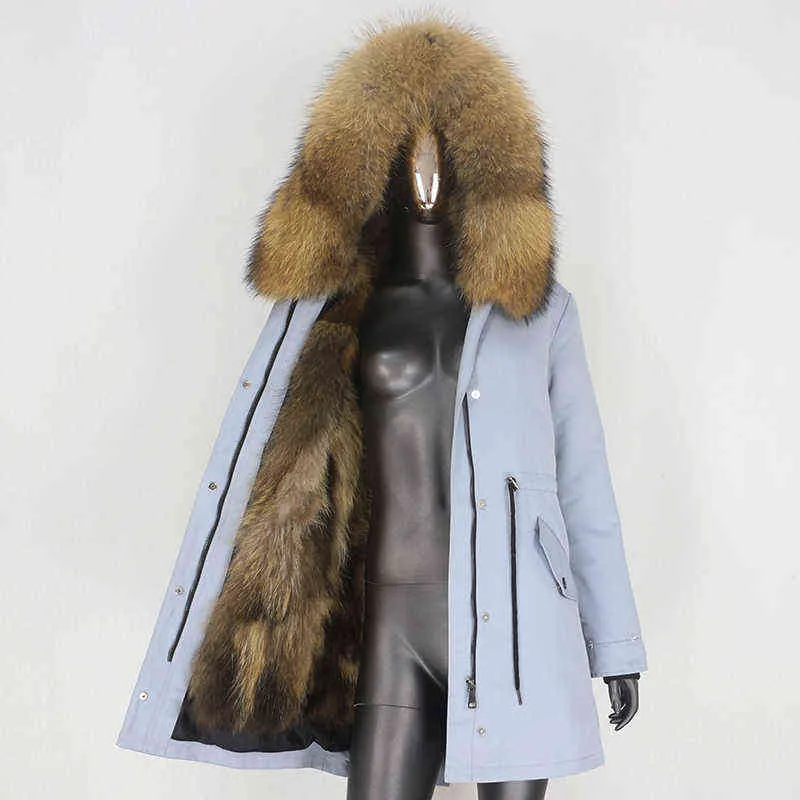 CXFS réel manteau de fourrure veste d'hiver femmes longue Parka imperméable naturel fourrure de raton laveur col capuche épaisse doublure de fourrure chaude 211129