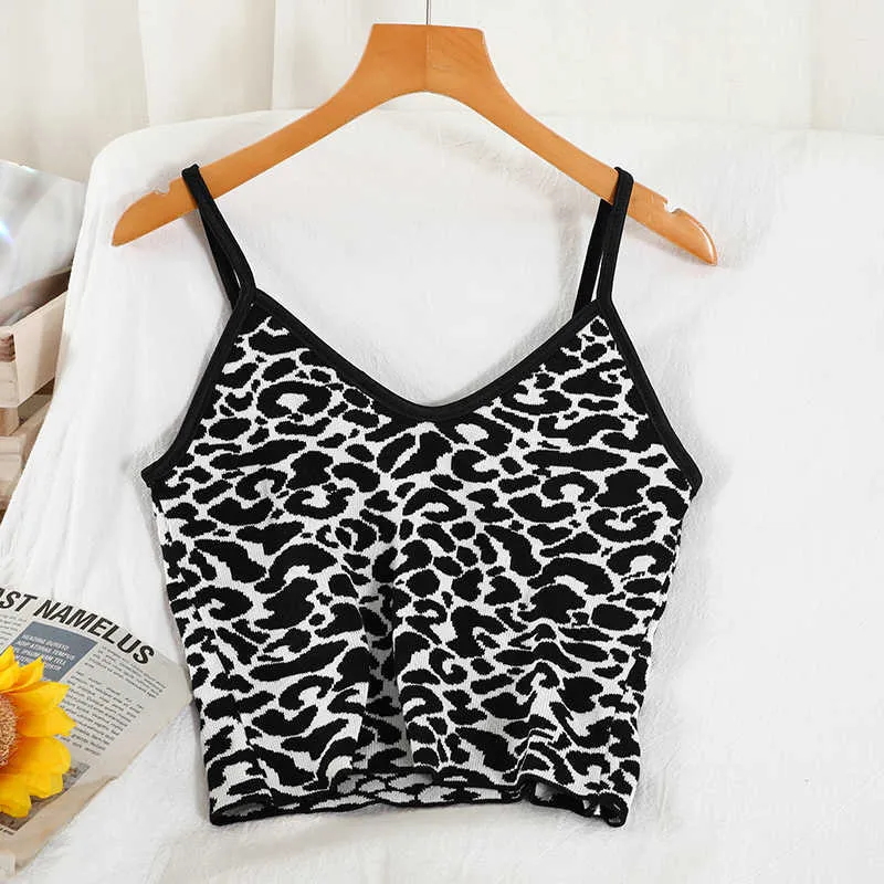 Retro Chic Leopard Print Short Gebreide Camisole Summer Product 210709