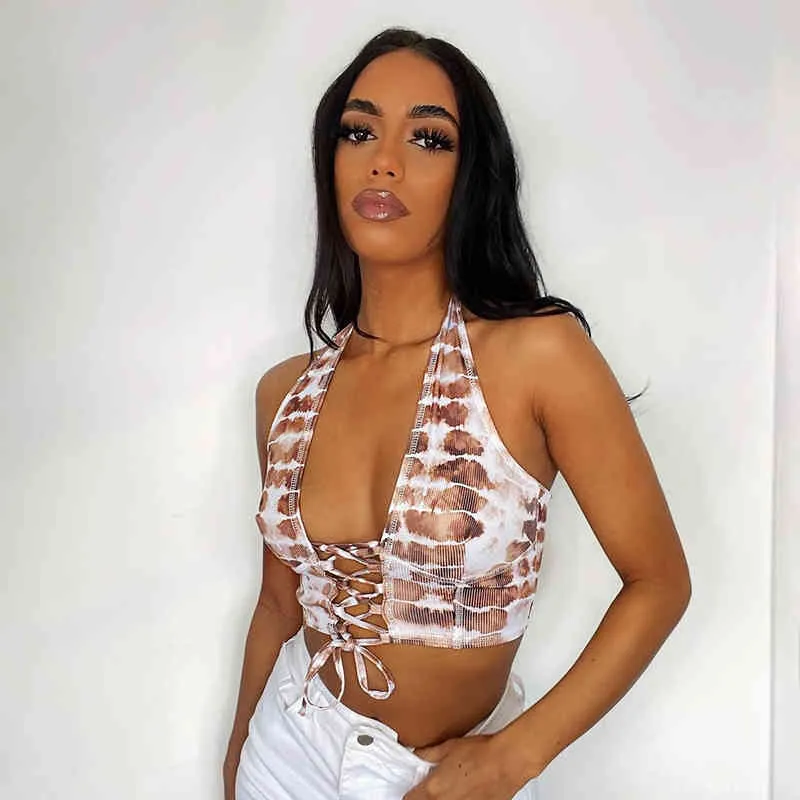 Lace Up Printed Bandage Ribbed Gorset Top Kobiety Sexy Halter Zbiorniki Hollow Out Crop Tops Vintage Club Bodycon Ubrania 210517