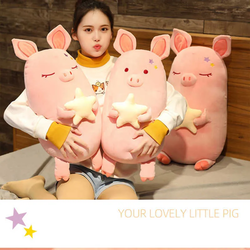 45-80 CM kawaii cochon tenant étoile jouets en peluche belle peluche doux Animal oreiller bébé enfants dormir apaiser poupées coussin 210728