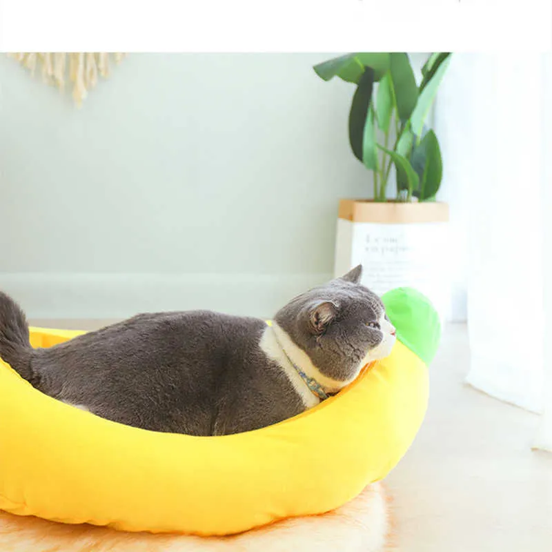 Lustige Bananenform Haustier Hund Katze Bett Haus Plüsch Weiches Kissen Warm Langlebig Tragbarer Haustierkorb Zwinger Katzen Zubehör 210713