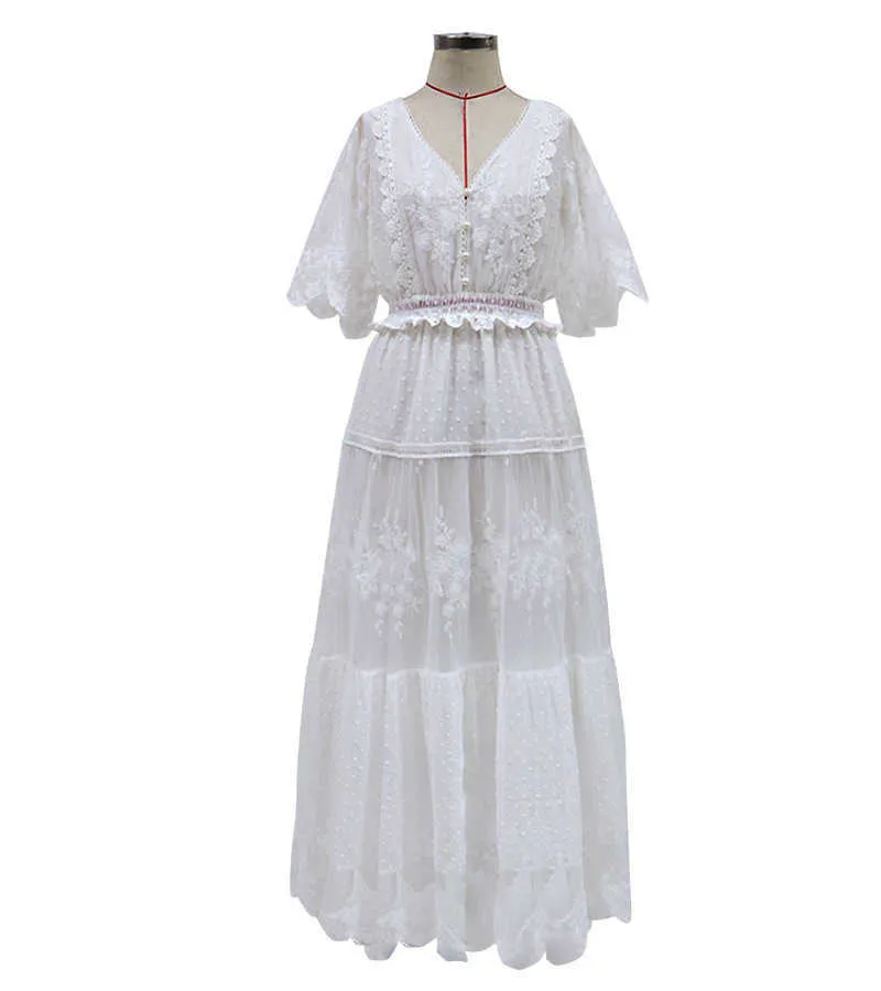 Summer White Solid V-neck Lace O-Neck Butterfly Sleeve Mid-Calf Dress for Women 210615