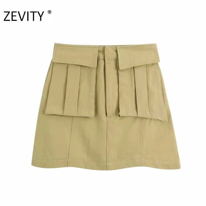 Zevity Womenファッションポケットパッチ固形カジュアルAラインスカートファルダスムザーレディースジッパーフライスリムヴェスディドスカートQUN691 210603