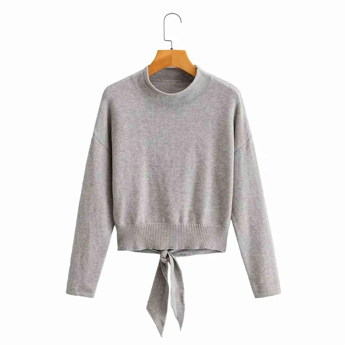 Foridol Dzianiny Turtleneck Backless Pulowers Kobiet Bowknot Grey Jesień Zima Z Długim Rękawem Dorywczo Sweter Jumper 210415