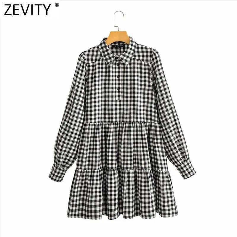 ZEVITY Kadın Moda Ekose Baskı Pleats Gömlek Elbise Kadın Chic Puf Kollu Cepler Rahat Iş Mini Vestido DS8315 210603