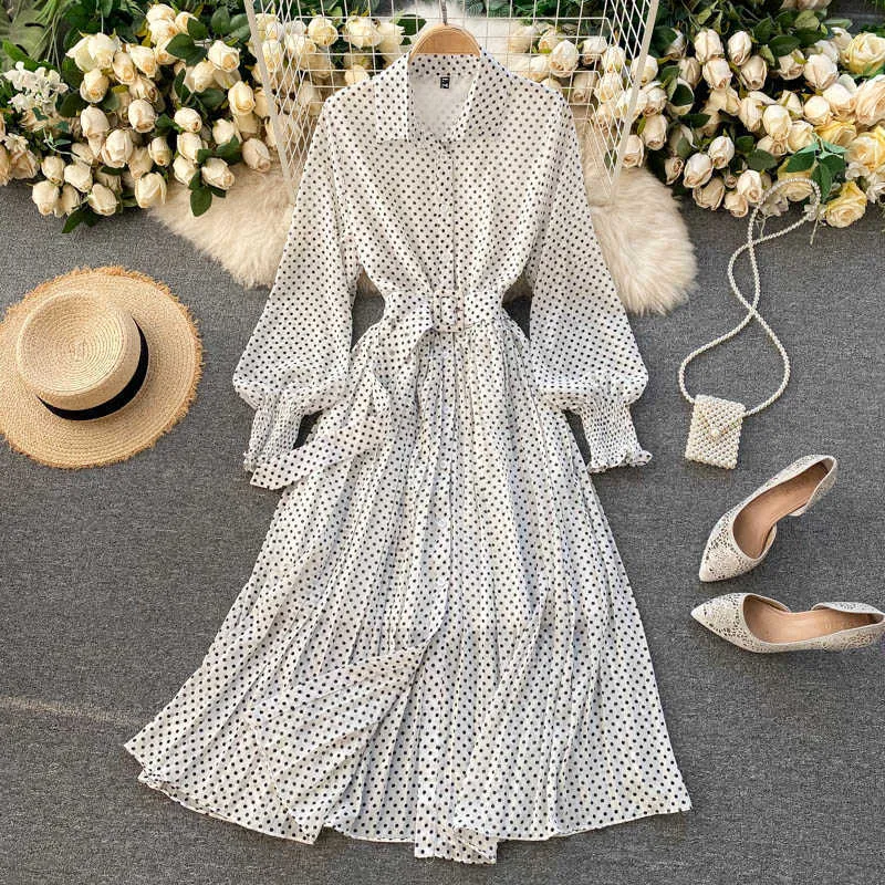 Spring And Summer French Vintage Maxi Dress 2021 Sundress Ladies Long Sleeve Orange Polka Dot Chiffon Pleated Dresses Femme Robe Y0603