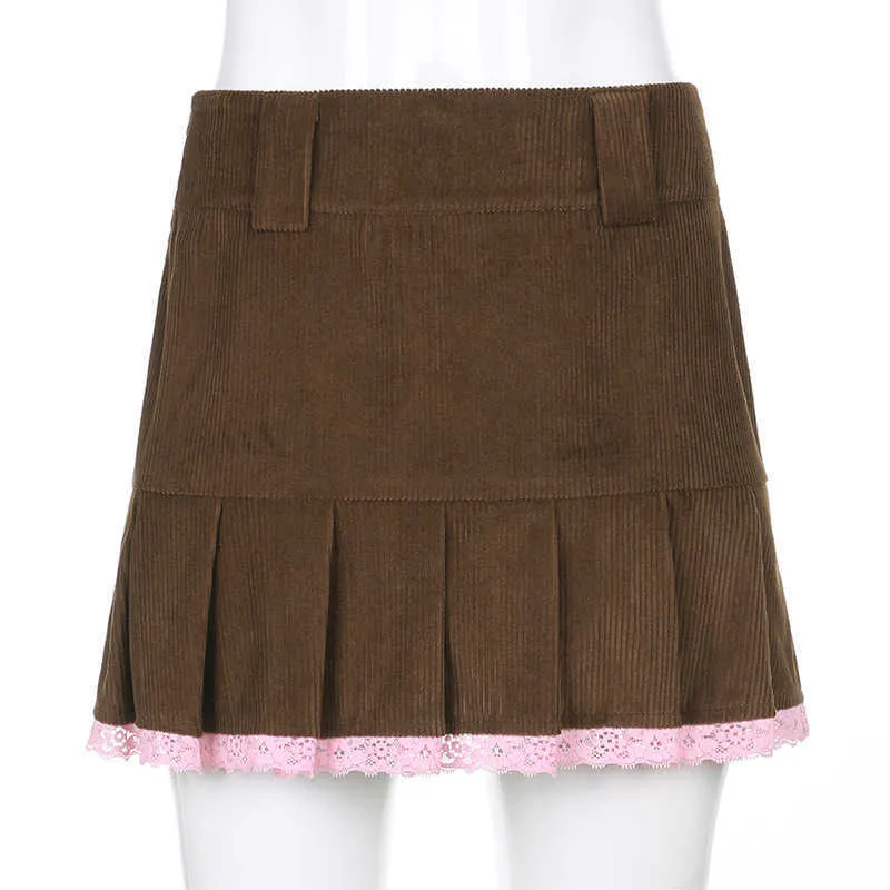 Marron velours côtelé jupes plissées femmes Vintage 90 s esthétique école fille Mini jupe dentelle ourlet mignon Kawaii vêtements 210607