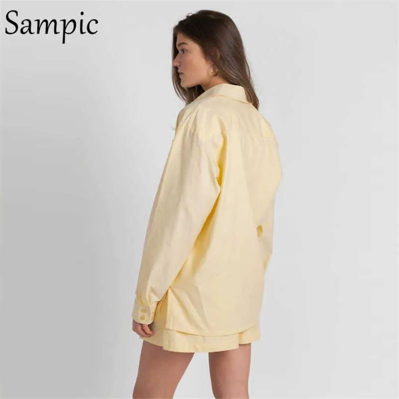 Sampic Casual Womem Gelb Lounge Wear Sommer Trainingsanzug Shorts Set Langarm Shirt Tops Und Mini Shorts Anzug Zwei Stück set Y0702