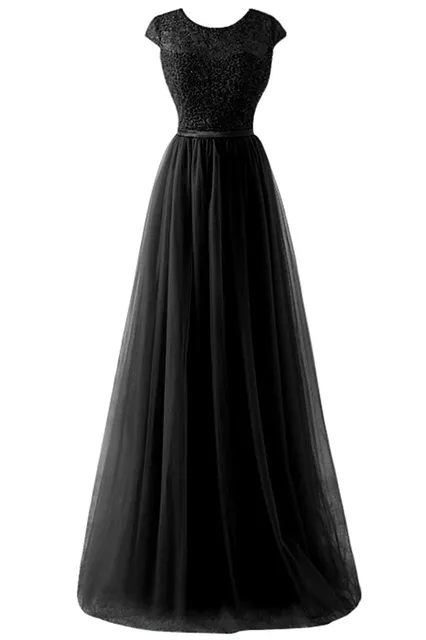 Elegant Evening Dresses Tulle Long A line Cap Sleeve Applique Evening Prom Gown robe de soiree CPS1132