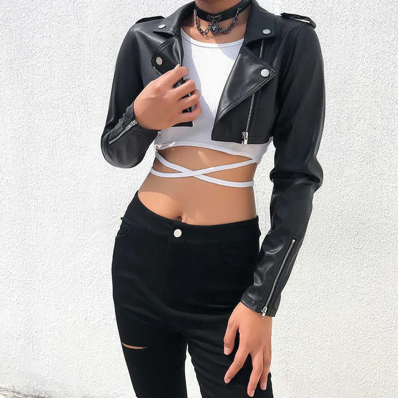 Iamty Black PU Leather Crop Jacket Street Wear Punk Style Womens Coats Long Sleeve Turn-Down Zipper Short Fashion 211014