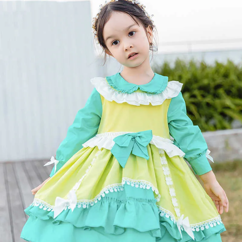 Spanisch Baby Mädchen Lolita Prinzessin Ballkleid Säugling Langarm Geburtstag Casuals Kleid Kinder Grün Peter Pan Kragen Vestidos 210615