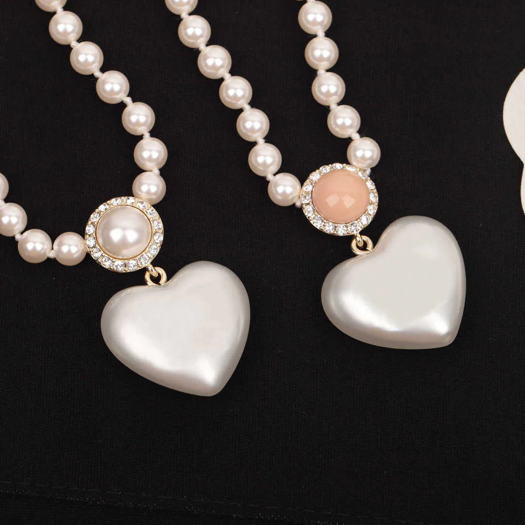 2022 Hot Brand Fashion Jewelry Women Pearls Chain Party Light Gold Color Heart Choker White Pink Beads Luxury Brand Pendant Hot