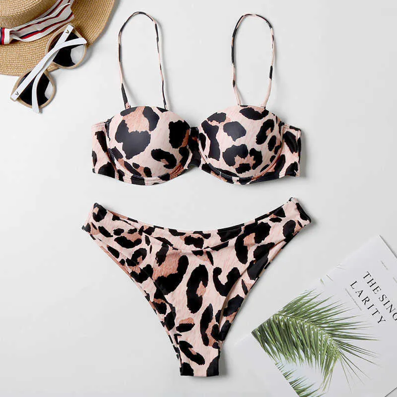Sexy Bandeau Bikini Set Thong Two Piece Women Swimsuit Leopard Print Push Up Bathing Suit Female Summer Brazilian Beach Wear 210604