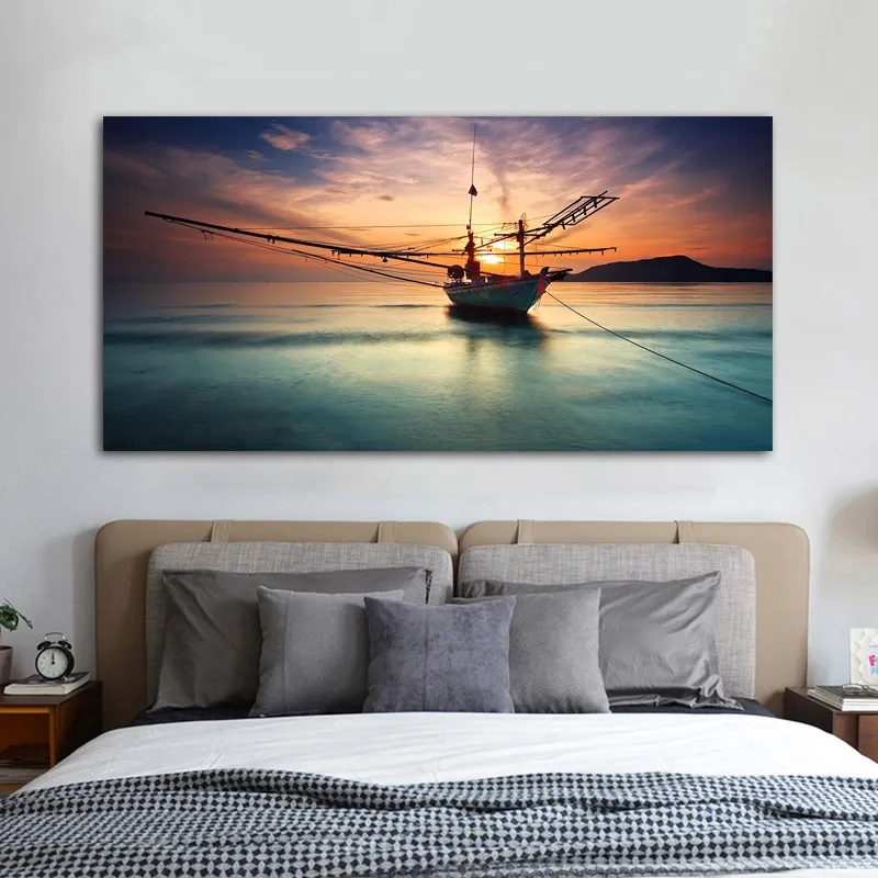 Póster de puesta de sol de barco de gran tamaño, pintura en lienzo de paisaje, imágenes artísticas de pared para sala de estar, decoración moderna para el hogar, paisaje marino