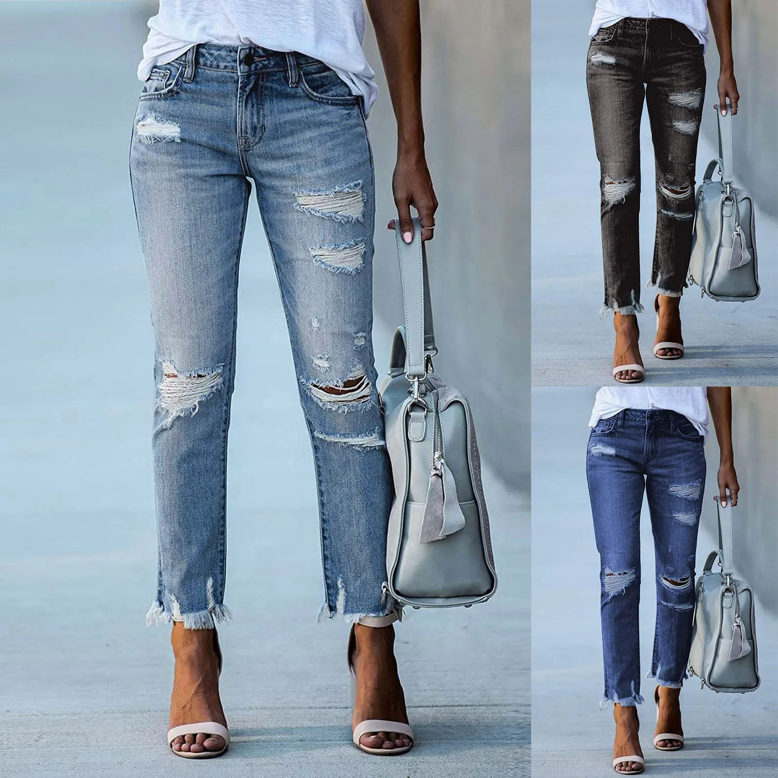 Jeans da donna in denim skinny elasticizzato effetto invecchiato a vita media con fidanzato strappato Jeans larghi casual a gamba dritta