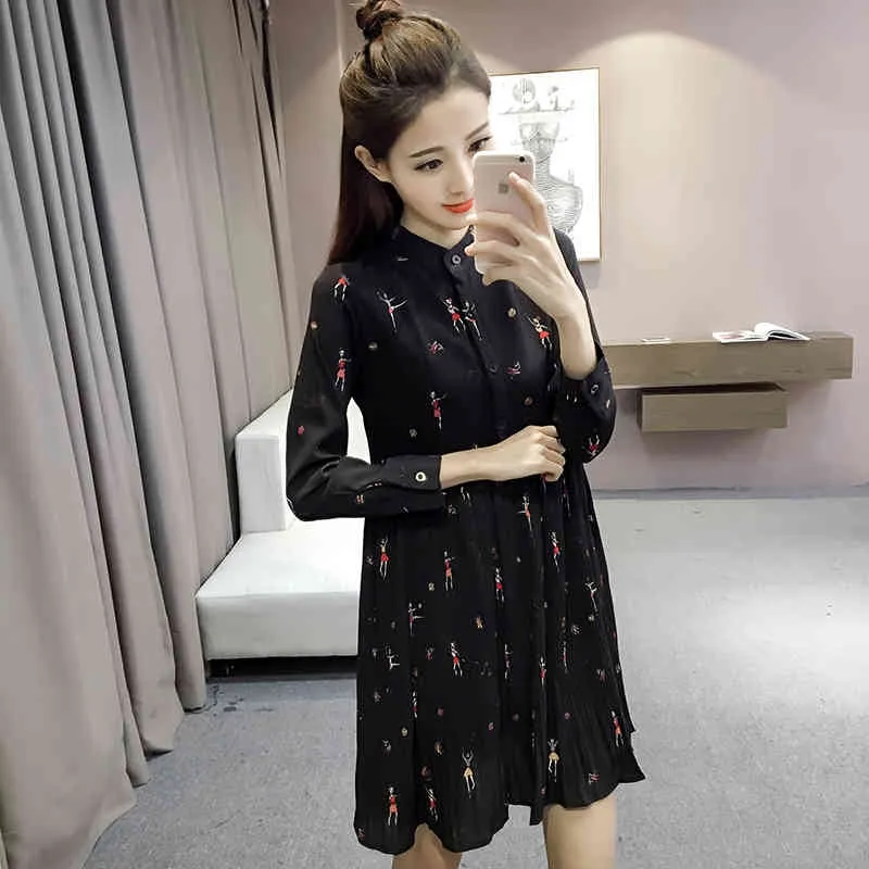 Autumn Loose Slim Chiffon Pleated Dress Female Vintage Single-breasted Long Sleeve Stand Collar Character Dresses Lady 210423