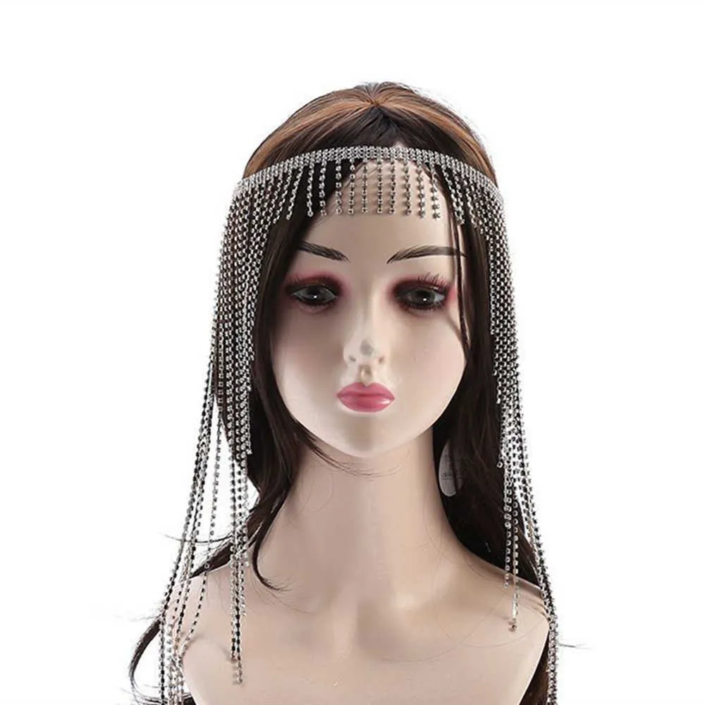 Luxury Rhinestone Forehead Long Tassel Head Chain Jewelry for Women Bling Crystal Hair Band Multi-Layer Hair Chain Accessories X0625