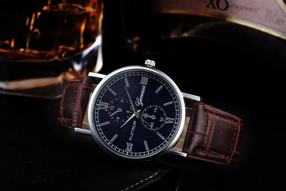 Armbandsur Genève romerska siffror Fake Eyes Men's Watch Fashion Belt Casual Business Clock Brand Quartz Relogio Masculino296e