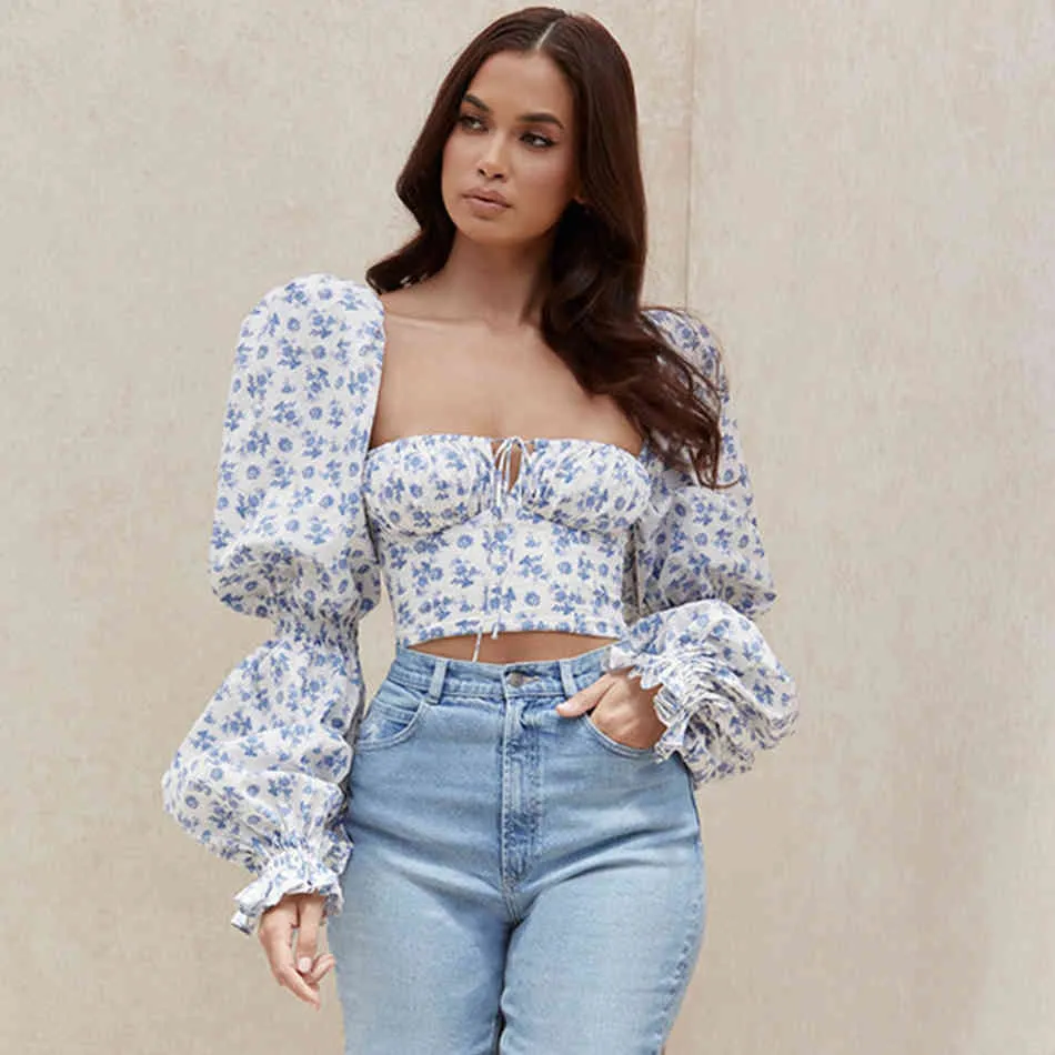 Autumn Fashion Blue Short Tops Sexy Long Puff Sleeve Women Print Club Celebrity Casual Runway Party Crop Top 210423