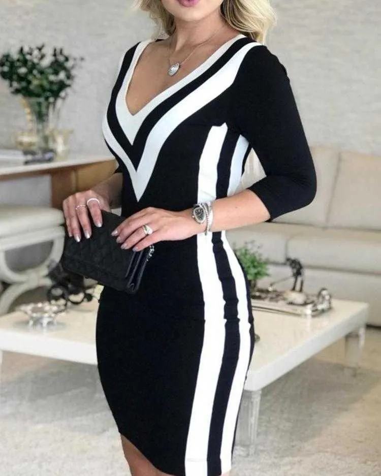 Contrast Color Striped Tape Bodycon Dress Women Sexy V Neck Long Sleeve Party Dress 210719