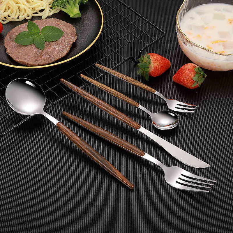 Roestvrijstalen servies ingesteld met faux houten handvat, bestek voor 6, servies set inclusief vorken lepels messen 211112