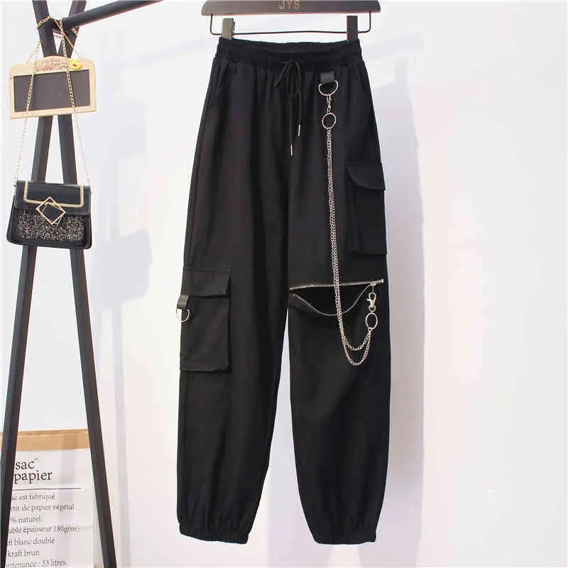 Mujer Pantalones Women Elastic Strap with Chain Harem Pants Black High Waist Zipper Casual Cargo for 10652 210518