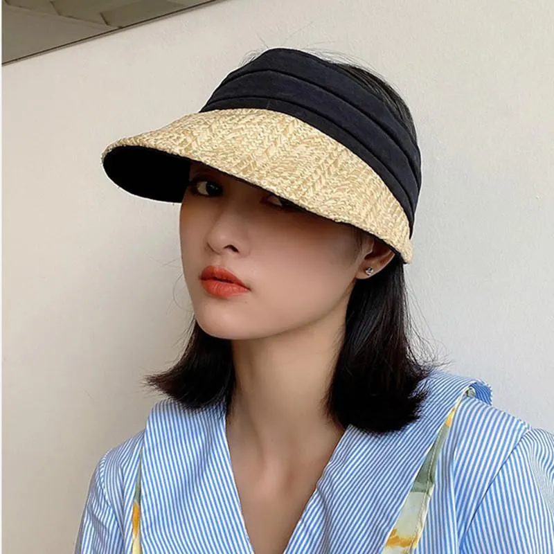 Соломенная кепка с козырьком для женщин Модельер Двусторонняя шляпа от солнца Упакованные анти-УФ-пляжные шляпы Топлесс Корейские кепки для путешествий на открытом воздухе Широкие 270-х годов