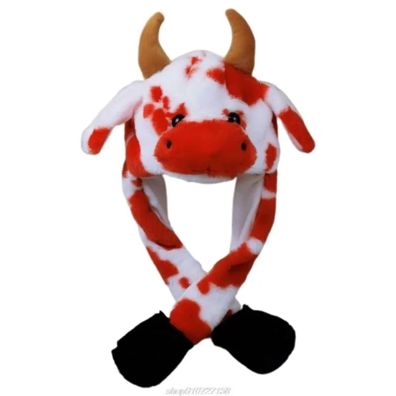 Beanie Skull Caps LED Light Up Plush Animal Hat With Moving Jumping Ears Multicolor Cartoon Milk Cow Earflap Cap Stuffed Toys JY08324U
