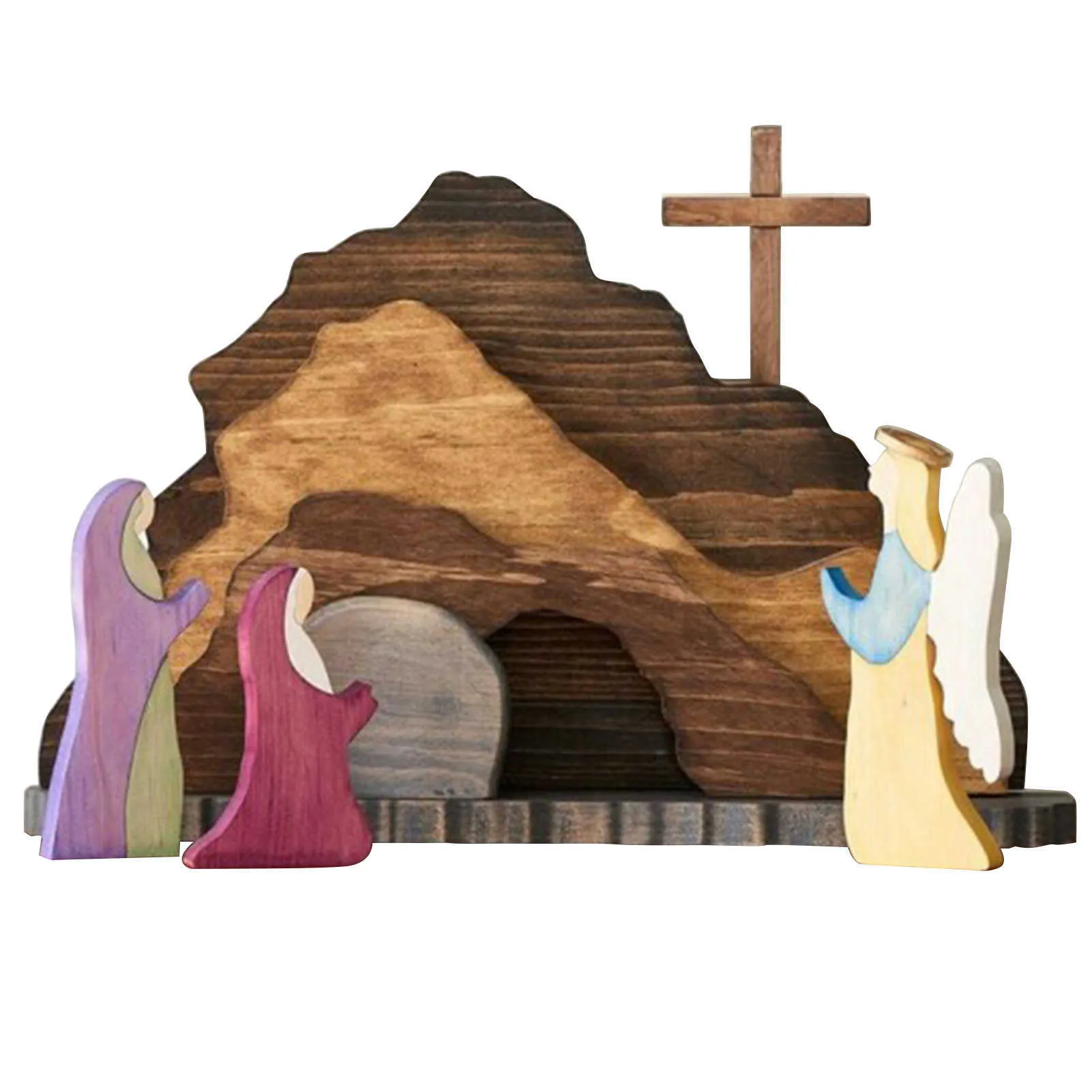 Easter Resurrection Scene Wooden Decoration Easter Decor Wooden Cross Resurrection Scene Decor Wooden Nativity Set Home Decor 210811