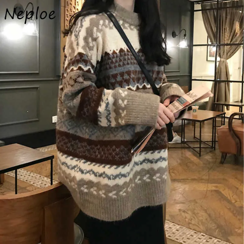 Neploe Vintage Print Pullover Frauen O Neck Pullover Langarm Pull Femme Herbst Winter Lose Sueter Warme Outwear 210914
