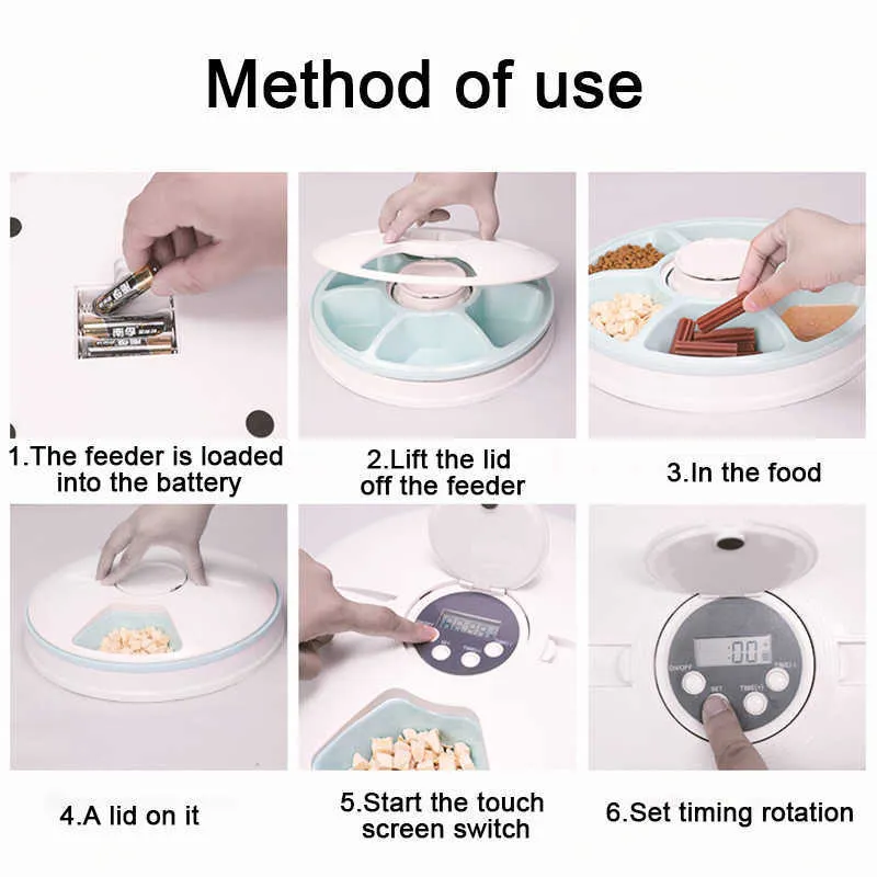 Pet Automatic Feeder Party Control Digital Timer Avtagbara hundar Katter Anti Slip 6 Målskåp med röstinspelare Torr våtmat 210615