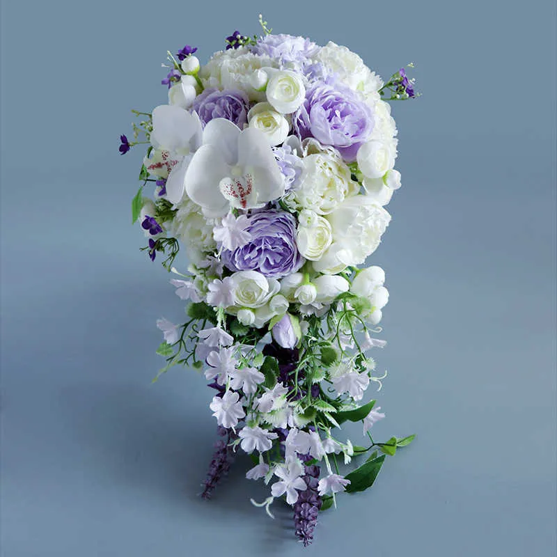 Waterfall Purple Wedding Flowers Bridal Bouquets Artificial Peony Wedding Bouquets Rose Party Props Cascading Holding Flower X0726