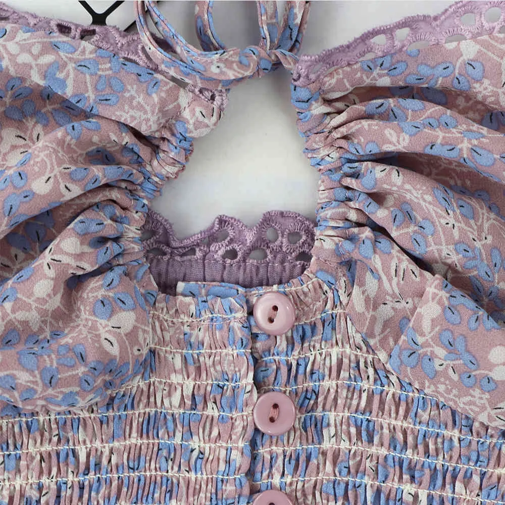 Women Floral Print Shirred Camis Tops Ruffle Square Neck Bow Beskuren skjorta Camisole Summer Crop Top 210520