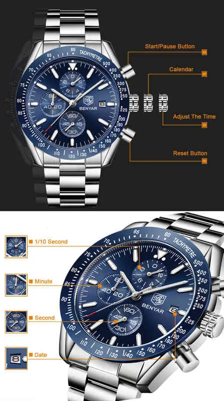 Benyar Topmerk Luxe Volledige Steel Business Quartz Casual Waterdichte Sport Es Clock Men Horloge Relogio Masculino