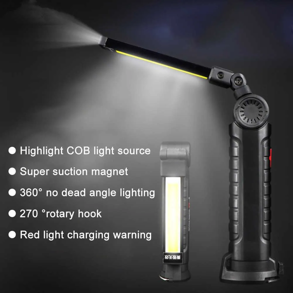 COB + LED Przenośna latarka Latarka USB Lekki Lekki Magnetyczny Akumulator Wiszący Hak Zewnątrz Auto Naprawa Samochodów Lampa awaryjna