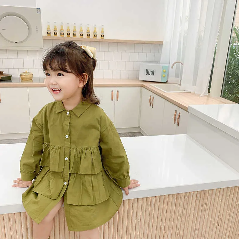 Осенние детские девушки мода рюфля негабаритные зеленые рубашки платье корейский стиль длинные рубашки девушка свободная повседневная одежда 210615