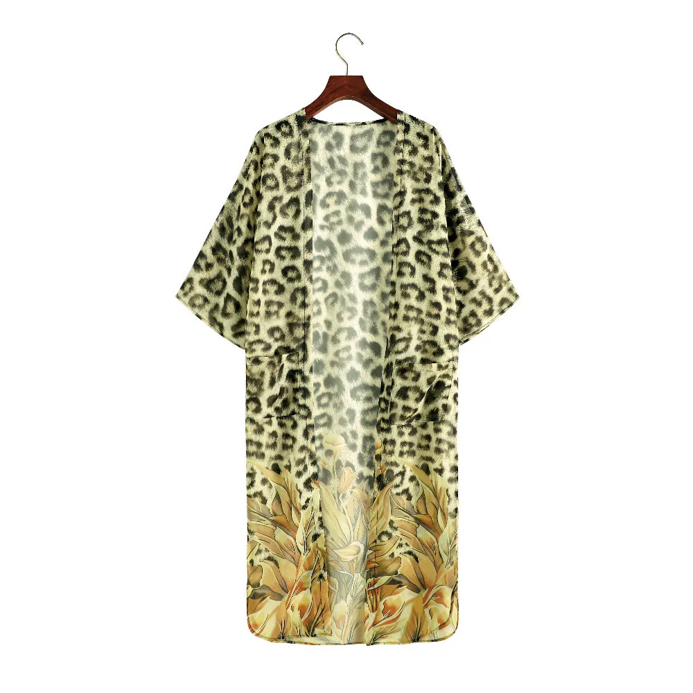 Boho Leopard 인쇄 쉬폰 비키니 커버 업 플러스 사이즈 비치웨어 긴 기모노 드레스 여성 여름 수영복 덮개 A804 210420