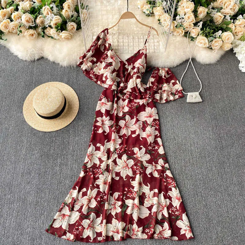 Sommerkleid Frauen Chic Blumendruck Spaghettibügel V-Ausschnitt Rüschen Boho Stil Strandurlaub Maxi Vestidos 210603