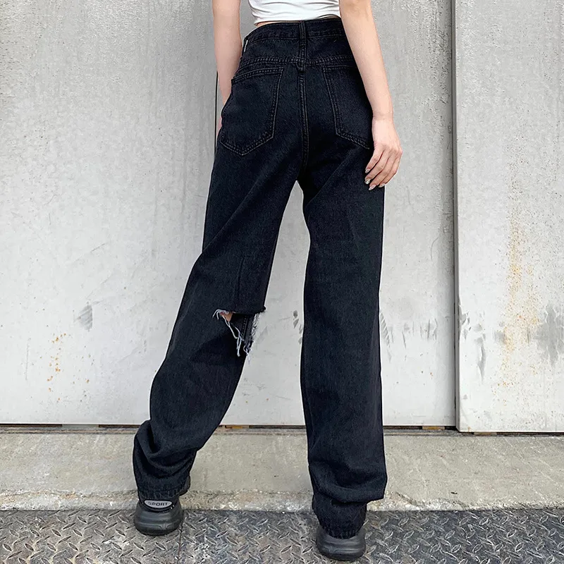Jeans strappati Ezgaga donna Pantaloni a vita alta Harajuku autunno Pantaloni lunghi hip-hop larghi neri Pantaloni in denim dritto Street Wear 210430