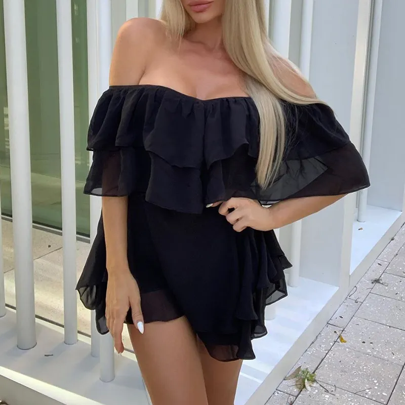 Women Sexy Off Shoulder Layered Ruffles Dresses Summer Solid Butterfly Sleeve Female Casual Black Party Mini Dress Vestidos 210416