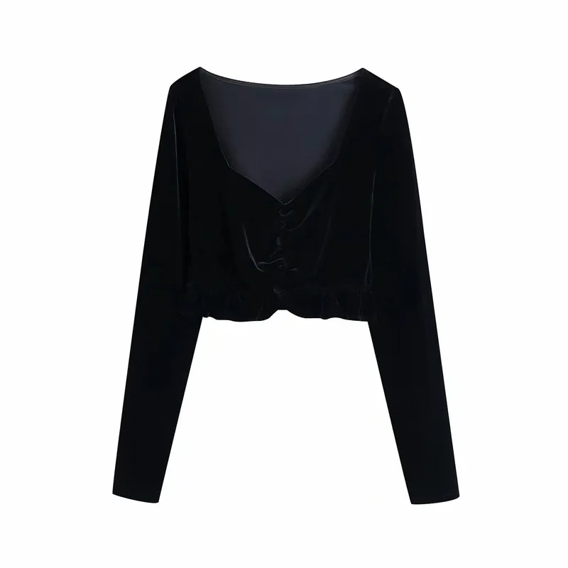 Svart Velvet Crop Top Women V Neck Vintage Ruffle Långärmad Toppar Kvinna Fall Vinter Ruched Elegant Sexig Blus 210519