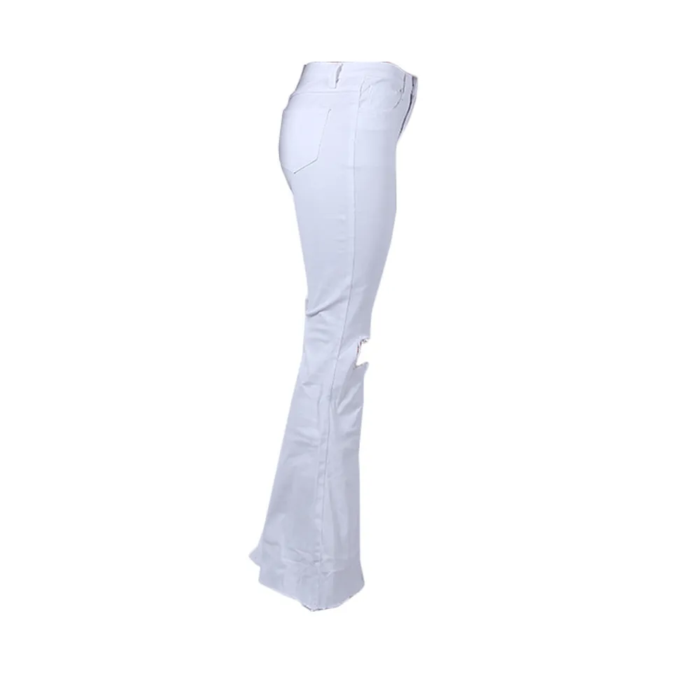 Sommar kvinnors byxor vit hög midja kvinnlig denim bell botten casual rippade jeans för kvinnor mamma flare mager kvinna