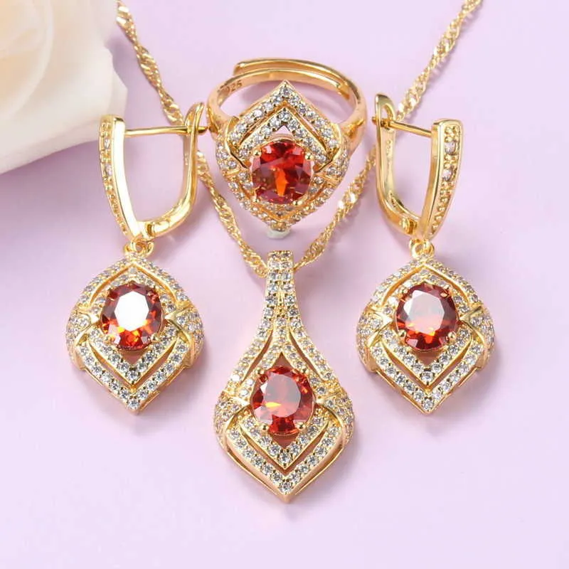 Bröllopstillbehör brud smycken uppsättning med rött kubiskt zirkoniumoxid halsband och örhängen afrikansk guldpläterad armband ring sätter h1022