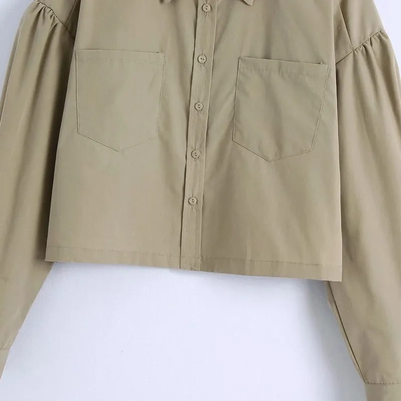 Moda Kobiety Z Długim Rękawem Khaki Krótka Koszulka Kobieta Turndown Collar Bluzka Casual Los Loose Tops Blusas S8811 210430