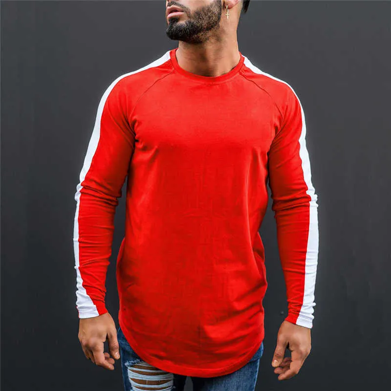 Muscleguys T-shirt mężczyźni wiosna jesień z długim rękawem o-neck t shirt mężczyzn marki odzież moda patchwork bawełniane tee topy 210722