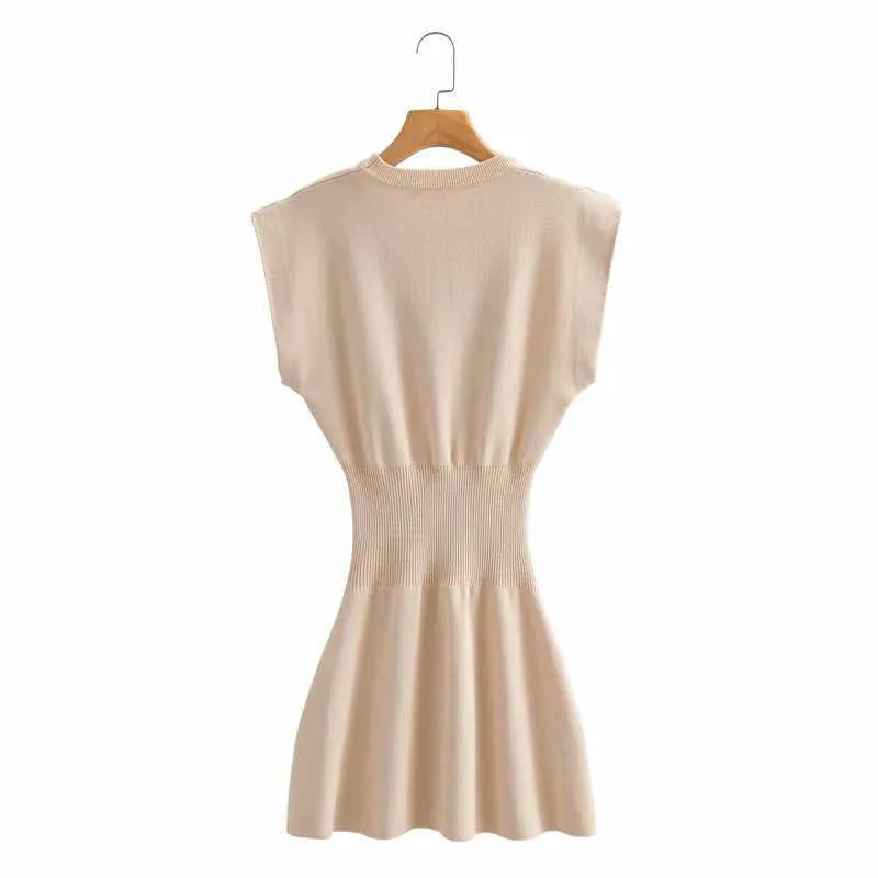 Za Strick-Minikleid für Damen, ärmellos, O-Ausschnitt, elegantes Sommerkleid, schicke geraffte, elastische Taille, Vintage-Strickkleider 210602