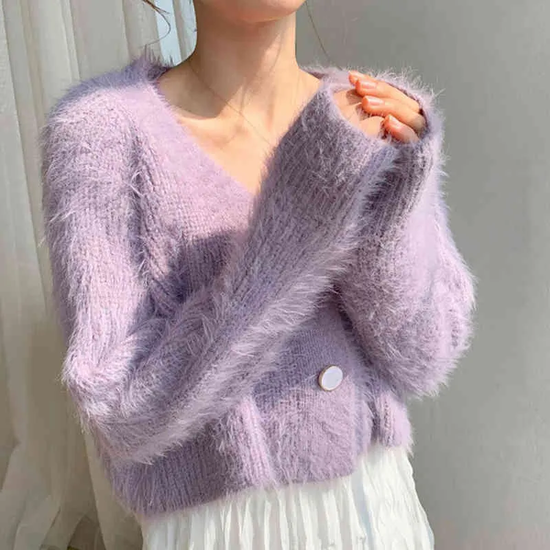 Foridol lavorato a maglia soffici cardigan viola maglione donne manica lunga bottone fuzzy cardigan casual autunno inverno ourfit 210415